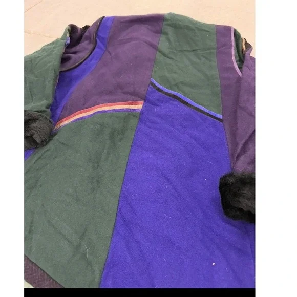Vintage SFR Santa Fe Re-Creations Patchwork Coat Faux Fur Trim Purple Green Med - Picture 8 of 9